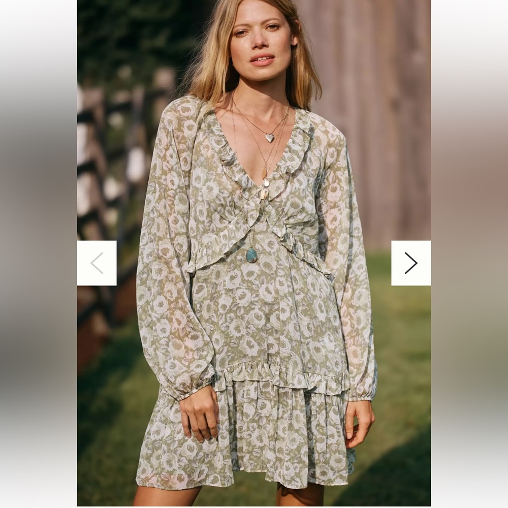 Anthropologie Light Sage Floral Ruffled Long-Sleeve Mini Dress